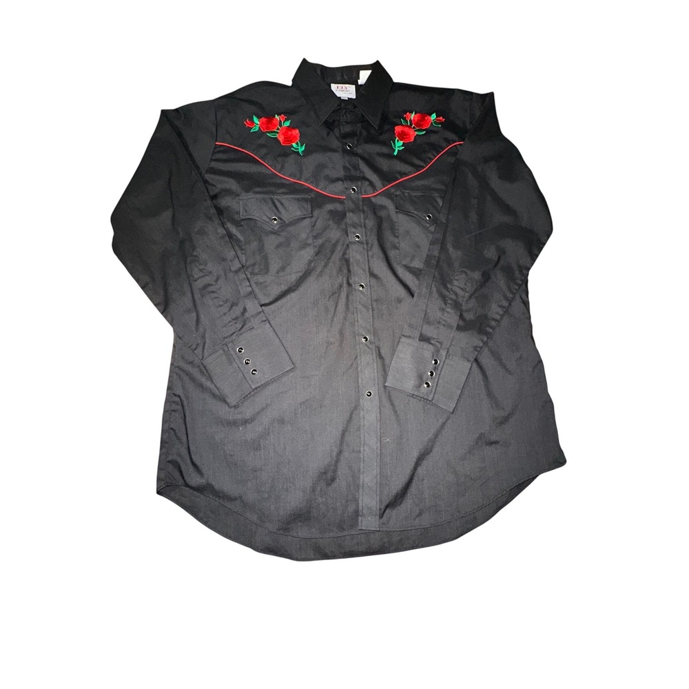 Ely Diamond Mens Black Western Snap Shirt Red Rose Embroidery XL